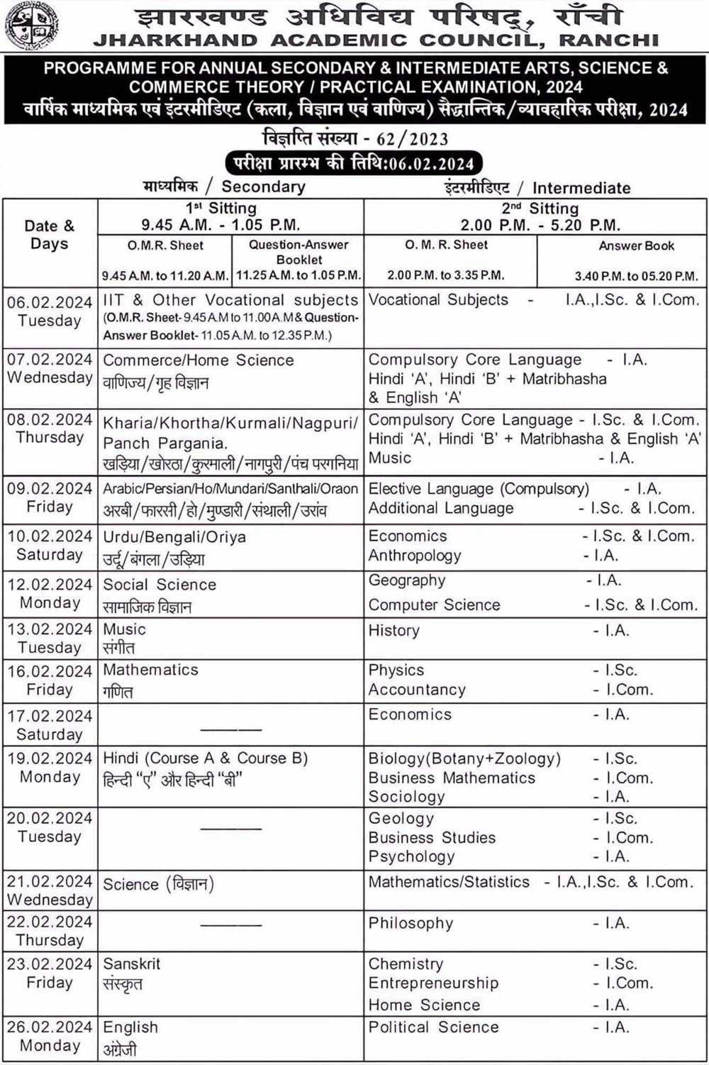 JAC 12th Exam Time Table 2023